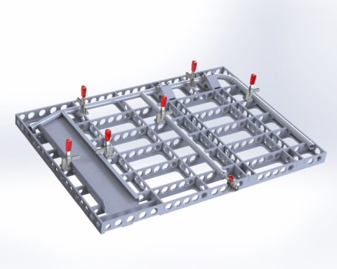 Robot lasmal Een metalen constructie met meerdere houders en klemmen.