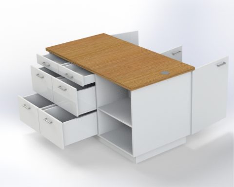 Kookeiland Wit meubel met houten bovenkant en meerdere lades en vakken.