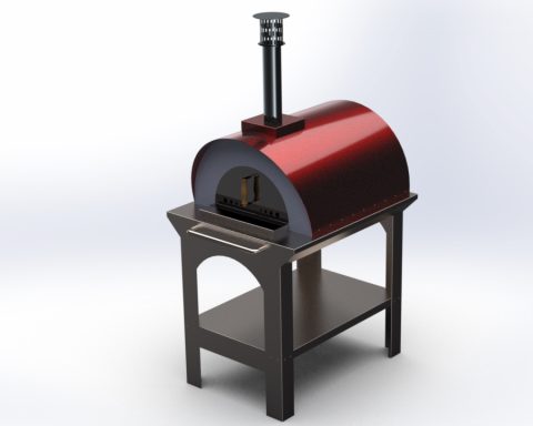 Rvs Pizzaoven Rode houtgestookte pizzaoven op een zwart houten onderstel.