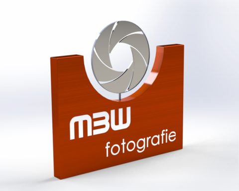 Reclamebord voor fotostudio Logo van M3W fotografie met een cameradiaphragma en stijlvolle typografie.