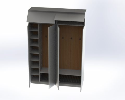 Maatwerk Hal kast Houten kledingkast met open deuren en compartimenten aan de zijkant.